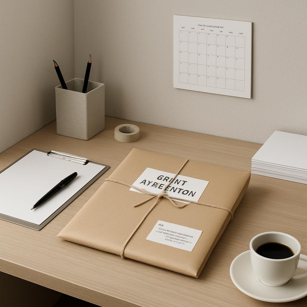 An office desk with a framed calendar, a wrapped package, and a cup of coffee.