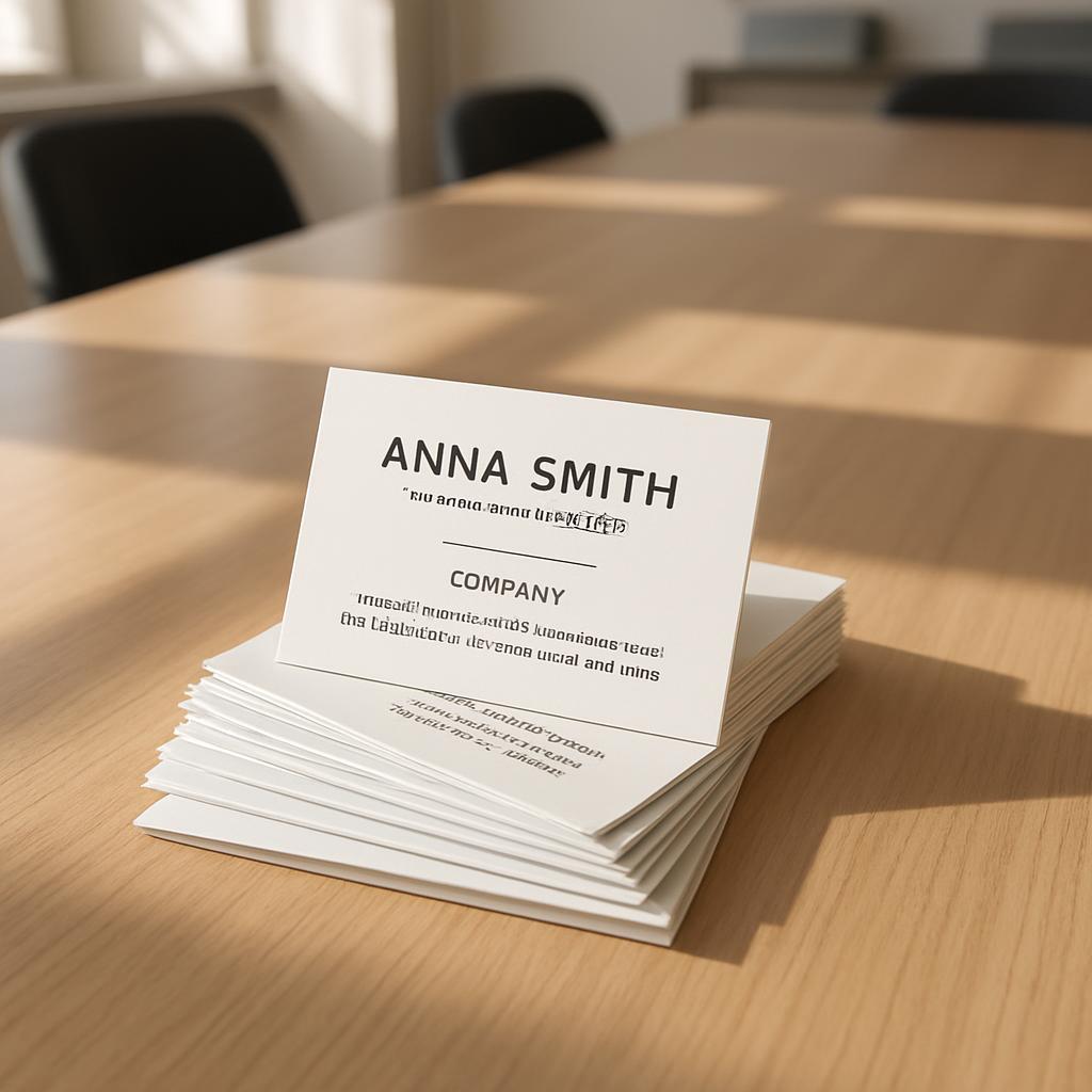 A stack of white business cards, inscribed with the name "Anna Smith" and the word "COMPANY", are displayed on a wooden ta...