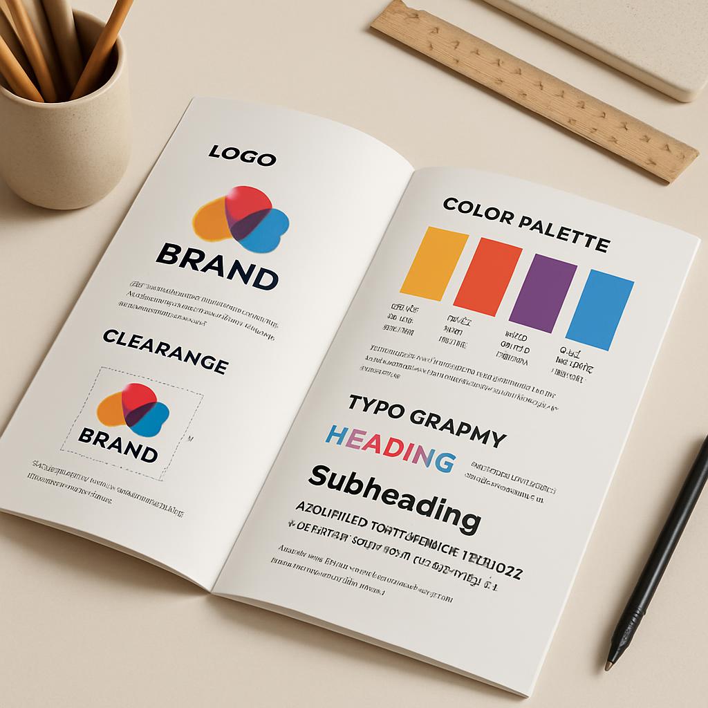 An open book with a page displaying branding options for a company, including logo ideas, color palettes, typography optio...